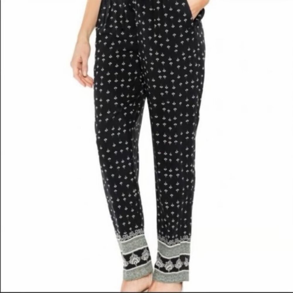 Vince Camuto | Black Fan Print Crop Pants Border Pull On | Size XL